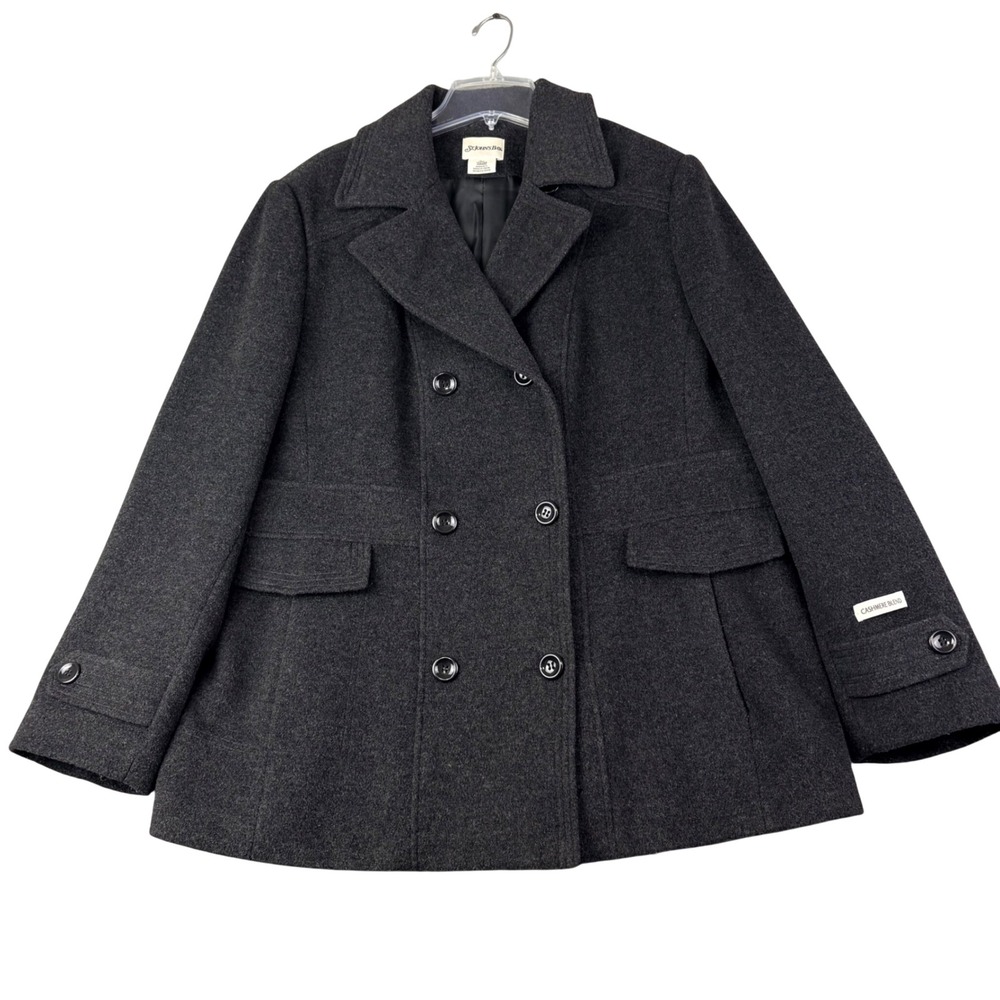 St. Johns Bay 1X Gray Wool Cashmere Pea Coat Double Breasted Winter Jacket Chic